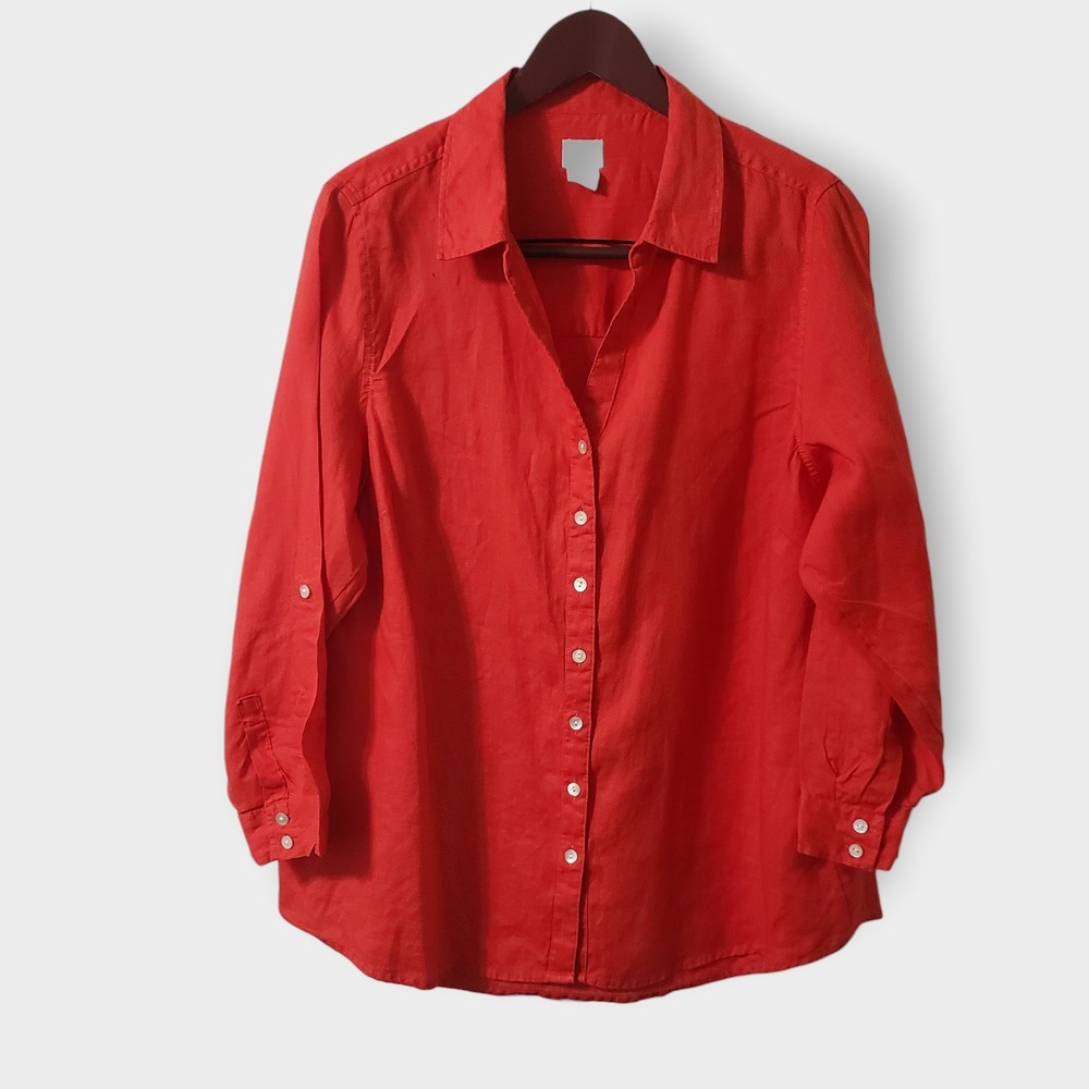 Sigrid Olsen Womens 1X Red 100% Linen Button‎ Down Shirt Roll Tab Sleeve V-Neck